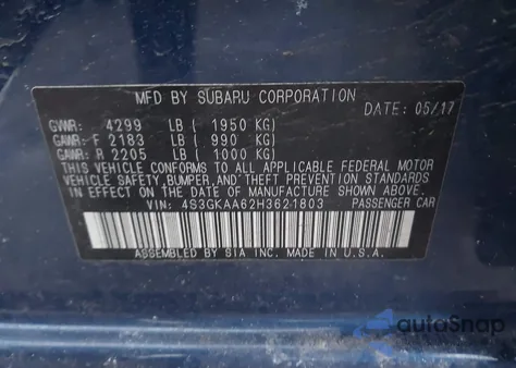 2017 Subaru Impreza 2.0I из США, поврежденный, VIN 4S3GKAA62H3621803